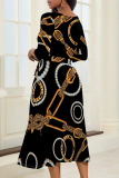 Black Street Elegant Floral Print Chain print Pocket Lace Up Contrast V Neck Printed Dresses