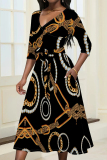 Black Street Elegant Floral Print Chain print Pocket Lace Up Contrast V Neck Printed Dresses