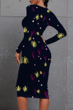 Green Elegant Plaid Floral Print Contrast O Neck Printed Dresses