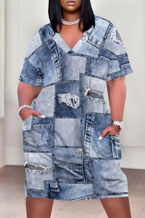 Baby Blue Casual Street Faux Denim Print Pocket Contrast V Neck Printed Plus Size Dresses