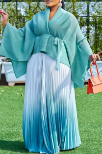 Cyan Street Gradient Color Patchwork Strap Design Pleated Cardigan Collar Long Sleeve Two Pieces