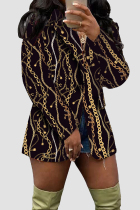 Black Gold Casual Print Buttons Patchwork Turn-back Collar Outerwear