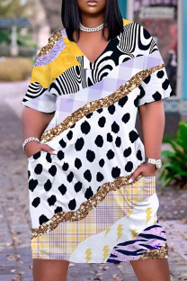 Purple Casual Leopard Print Basic V Neck Short Sleeve Plus Size Dresses