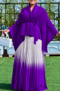 Dark Purple Street Gradient Color Patchwork Strap Design Pleated Cardigan Collar Long Sleeve Two Pieces