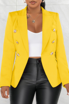 Yellow Street Solid Color Buttons Patchwork Turn-back Collar Outerwear