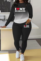 Black Casual Letters Patchwork O Neck Long Sleeve Two Pieces