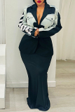 Black Casual Letter Print Patchwork Turndown Collar Outerwear