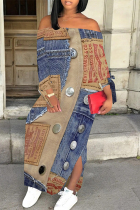 Multicolor Sexy Street Faux Denim Print Lace Up Slit Off Shoulder Printed Dresses