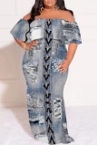 Light Gray Casual Faux Denim Print Patchwork Off Shoulder Long Plus Size Dresses