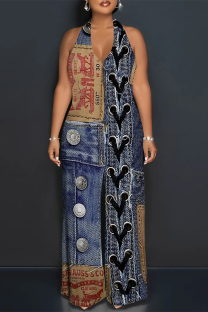 Dark Blue Sexy Street Faux Denim Print Backless Halter Loose Jumpsuits