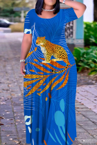 Blue Casual Print Basic O Neck Long Plus Size Dresses
