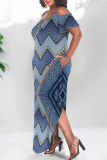 Multicolor Sexy Street Faux Denim Print Pocket Slit Contrast U Neck Printed Plus Size Dresses