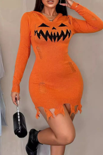 Tangerine Red Sexy Geometric Print Ripped Patchwork Hooded Wrapped Skirt Dresses