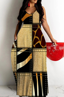 Yellow Brown Sexy Casual Print Backless Spaghetti Strap Long Dresses