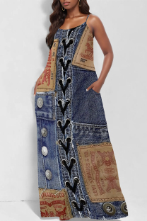 Dark Blue Sexy Street Faux Denim Print Pocket U Neck Printed Dresses