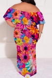 Red Casual Floral Print Patchwork Off Shoulder Long Plus Size Dresses