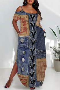 Dark Blue Sexy Street Faux Denim Print Pocket Slit Contrast U Neck Printed Plus Size Dresses