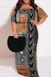 Light Gray Casual Faux Denim Print Patchwork Off Shoulder Long Plus Size Dresses