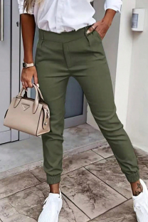 Army Green Street Solid Color Pocket Patchwork Regular Mid Waist Pencil Patchwork Bottoms
