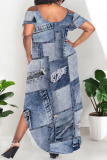 Multicolor Sexy Street Faux Denim Print Pocket Slit Contrast U Neck Printed Plus Size Dresses