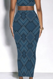 Dark Blue Casual Street Geometric Print Faux Denim Print Contrast Skinny High Waist Full Print Bottoms