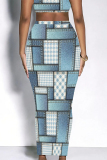 Dark Blue Casual Street Geometric Print Faux Denim Print Contrast Skinny High Waist Full Print Bottoms