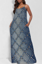 Blue Sexy Street Faux Denim Print Pocket U Neck Printed Dresses