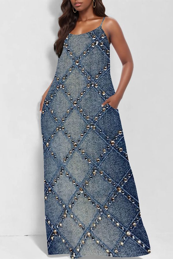 Blue Sexy Street Faux Denim Print Pocket U Neck Printed Dresses