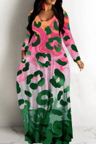 Red Green Casual Print Basic V Neck Long Dresses