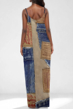 Dark Blue Sexy Street Faux Denim Print Pocket U Neck Printed Dresses