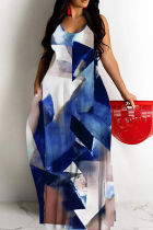 Blue Sexy Casual Print Backless Spaghetti Strap Long Dresses