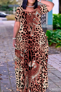 Red-brown Casual Print Basic O Neck Long Plus Size Dresses