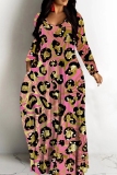 Peach Casual Leopard Print Basic V Neck Long Dresses