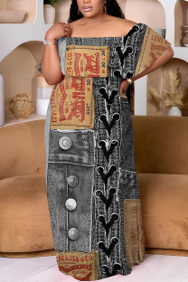 Cowboy Black Casual Faux Denim Print Patchwork Off Shoulder Long Plus Size Dresses