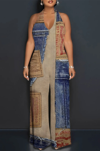 Blue Coffee Sexy Street Faux Denim Print Backless Halter Loose Jumpsuits
