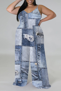 Baby Blue Casual Street Faux Denim Print Contrast V Neck Plus Size Jumpsuits(With a turban)