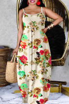 Light Yellow Sexy Casual Floral Print Backless Spaghetti Strap Long Dresses
