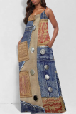 Dark Blue Sexy Street Faux Denim Print Pocket U Neck Printed Dresses