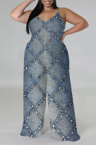Medium Blue Casual Street Faux Denim Print Contrast V Neck Plus Size Jumpsuits(With a turban)