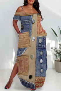 Multicolor Sexy Street Faux Denim Print Pocket Slit Contrast U Neck Printed Plus Size Dresses