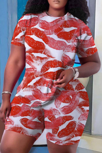 Red Casual Print Basic O Neck Short Sleeve Two Pieces