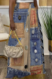 Baby Blue Casual Street Faux Denim Print Pocket Contrast Loose High Waist Wide Leg Full Print Bottoms