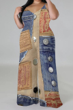 Blue Coffee Casual Street Faux Denim Print Contrast V Neck Plus Size Jumpsuits(With a turban)