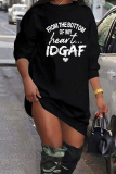 Black Casual Letters Patchwork O Neck Straight Dresses