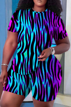 Blue Purple Casual Print Basic O Neck Short Sleeve Two Pieces