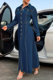 Blue Street Solid Color Buckle Patchwork High Slit Turndown Collar Long Sleeve Straight Denim Dresses