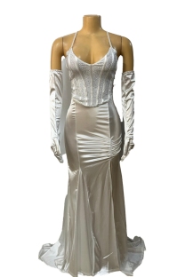 White Sexy Formal Solid Color Sequins Patchwork Backless Slit Spaghetti Strap Long Dresses (With Sleeves)