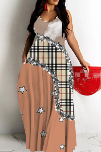 Khaki Sexy Casual Print Backless Spaghetti Strap Long Dresses