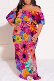 Red Casual Floral Print Patchwork Off Shoulder Long Plus Size Dresses