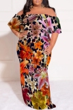Red Casual Floral Print Patchwork Off Shoulder Long Plus Size Dresses